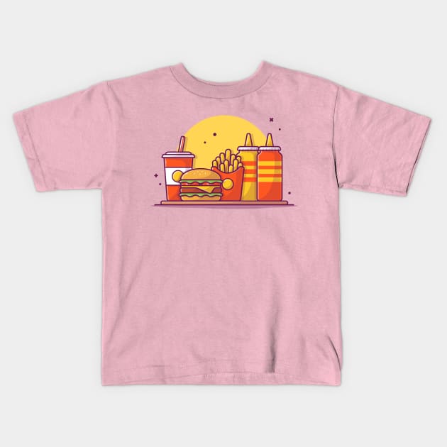 Burger, French fries And Soft Drink With Mustard And Sauce Cartoon Kids T-Shirt by Catalyst Labs